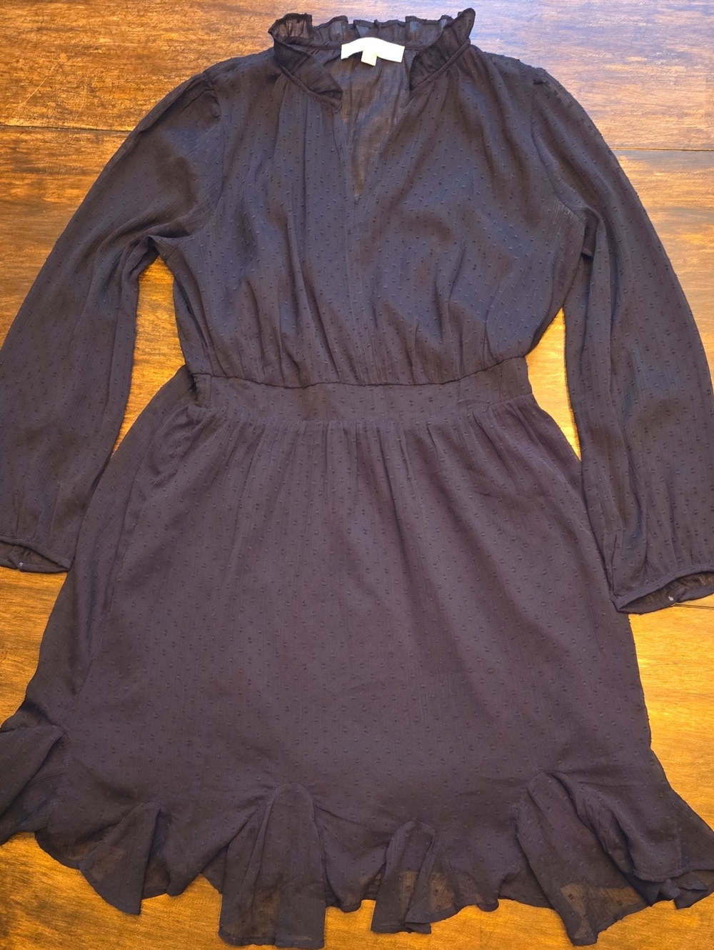 LOFT Black Sheer Swiss Dot Ruffle-Hem Midi Dress With Black Slip Underlay